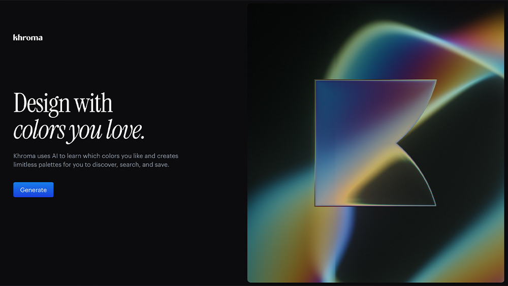Khroma AI generates custom color palettes with a glowing abstract K shape on a dark background.